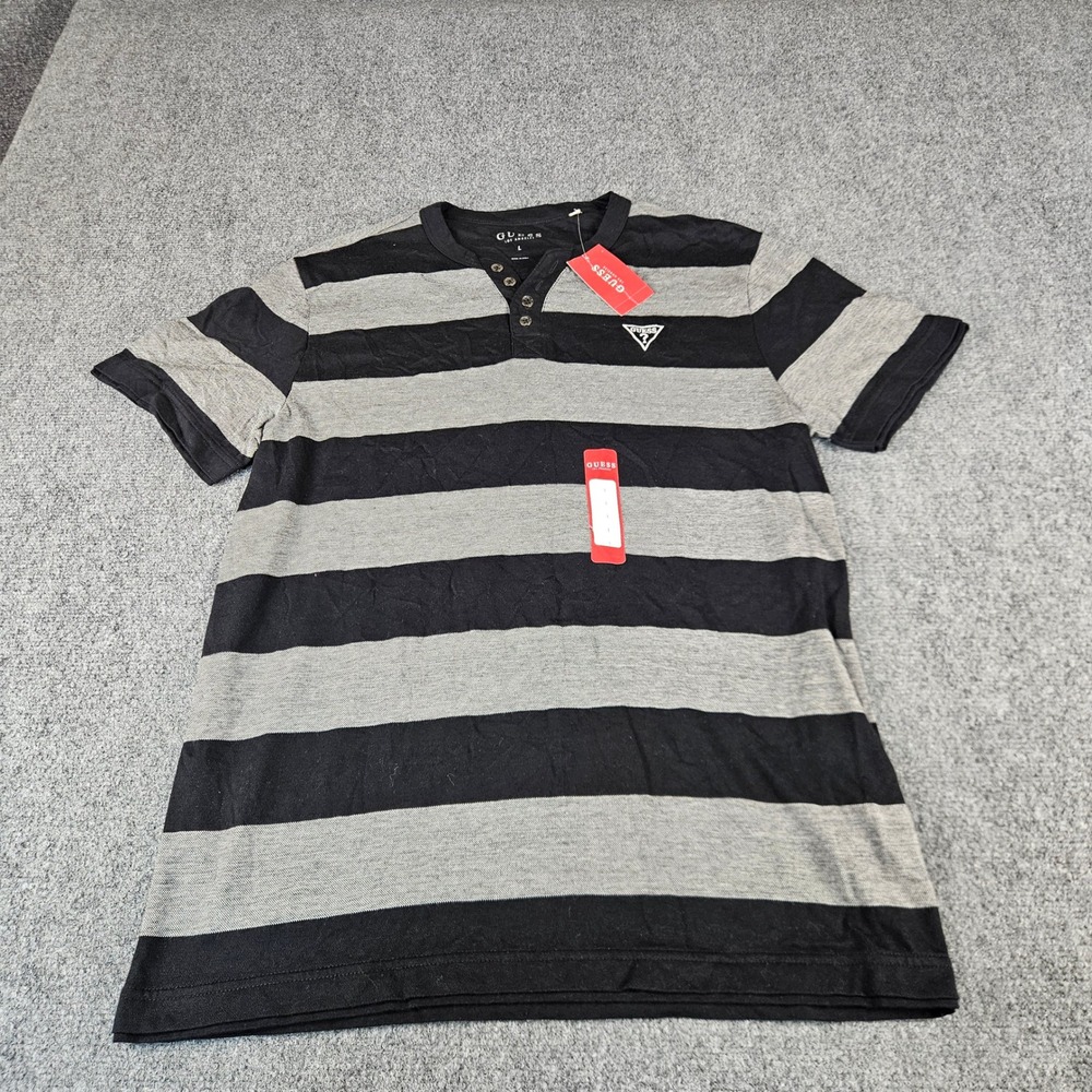 Guess Mens Ranil Striped Henley Shirt Jet Black Grey SS X0YP03R5V80 Size L NWT